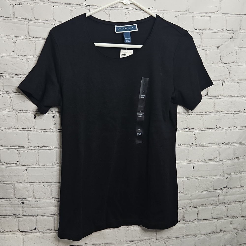 🎯 Karen Scott Black Crew Neck Short Sleeve Shirt Size Medium Stretch NWT